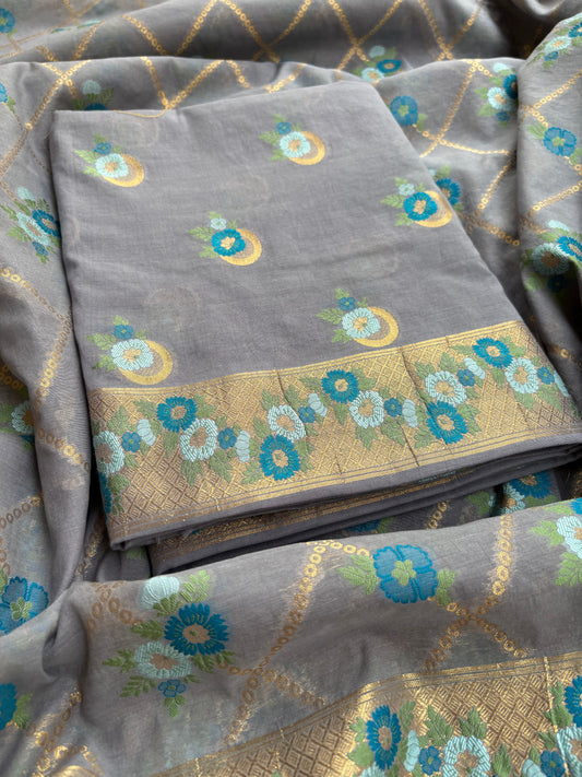 Grey Chanderi cotton 3 piece suit set