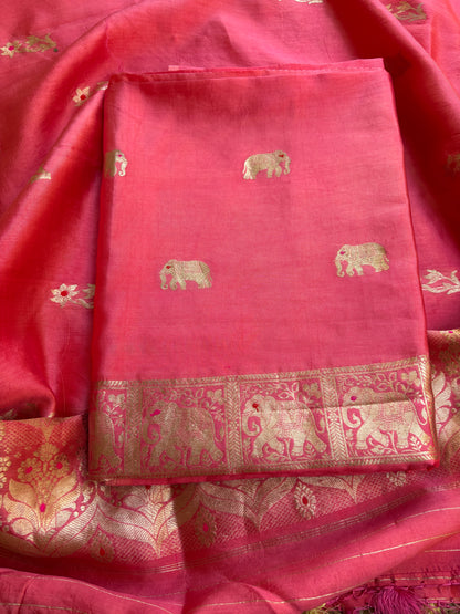 Pink Chiniya elephant motif kadhwa suit set