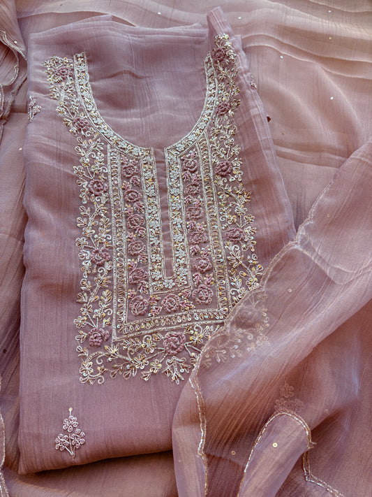 Pink hand embroidered tissue silk suit set