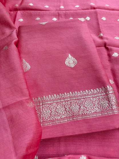 Peach moonga silk silver zari 3 piece suit set