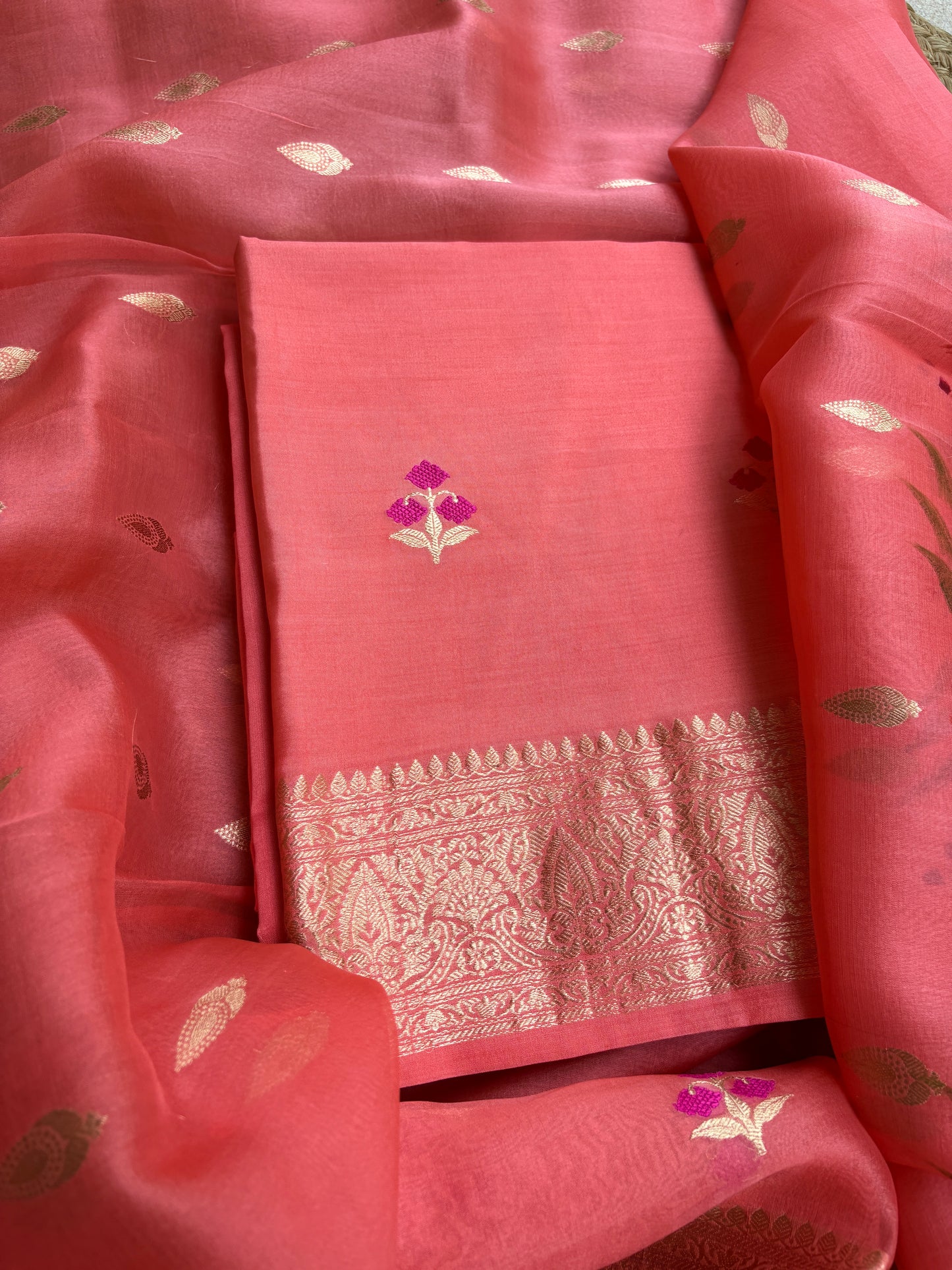 Peach Chiniya kora silk suit ( hand brushed border)