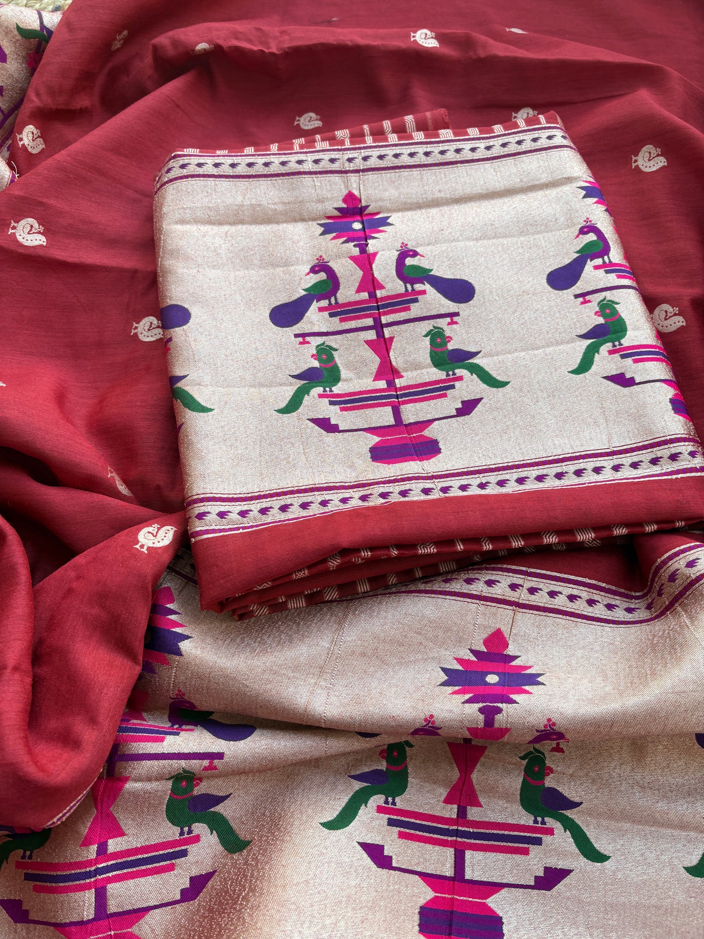 Rust red paithani moonga silk suit set