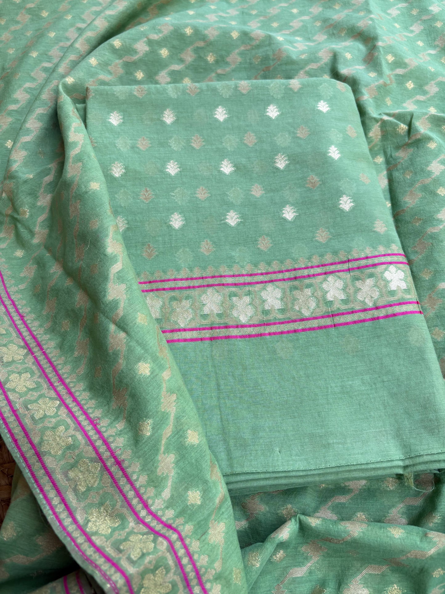 Green jamdani cotton 3 piece suit set