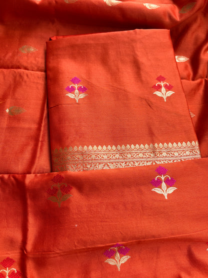 Rust orange Chiniya silk kadhwa suit set.