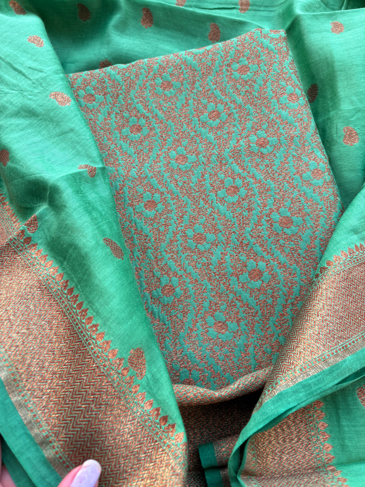Green cotton silk brocade suit set