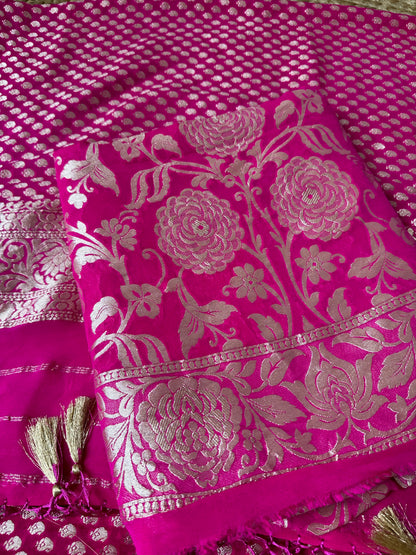 Hot pink khaddi georgette 2 pieces set, heavy zari work.