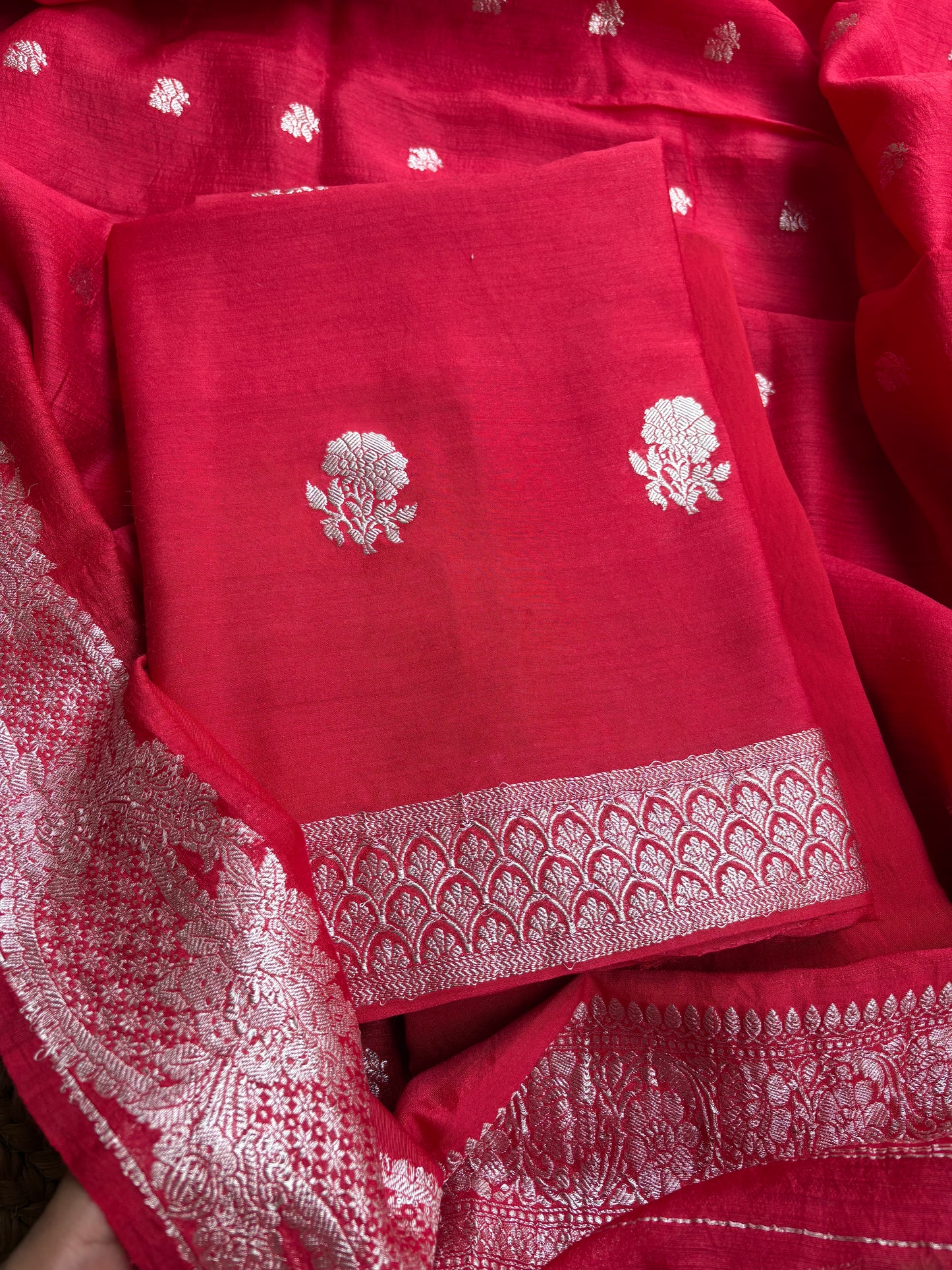 Red moonga silk kurta,moonga  silk dupatta, plain silk bottom