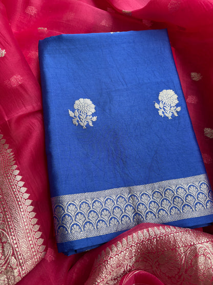 Blue Chiniya silk kurta, pink kora kadhwa dupatta, plain bottom