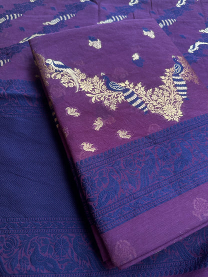 Purple chanderi zari weaving peacock design suit set