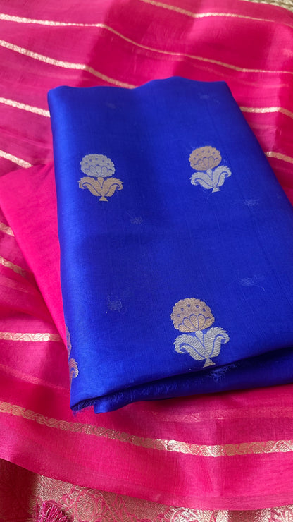 Blue kora shirt, pink kora dupatta and plain bottom.