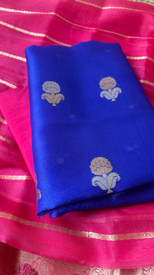 Blue kora shirt, pink kora dupatta and plain bottom.