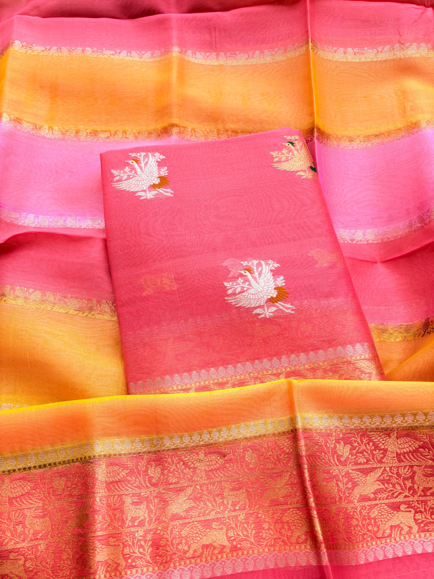 Peach pink Kora silk suit with Kora silk shaded dupatta