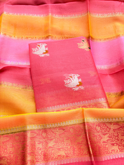 Peach pink Kora silk suit with Kora silk shaded dupatta