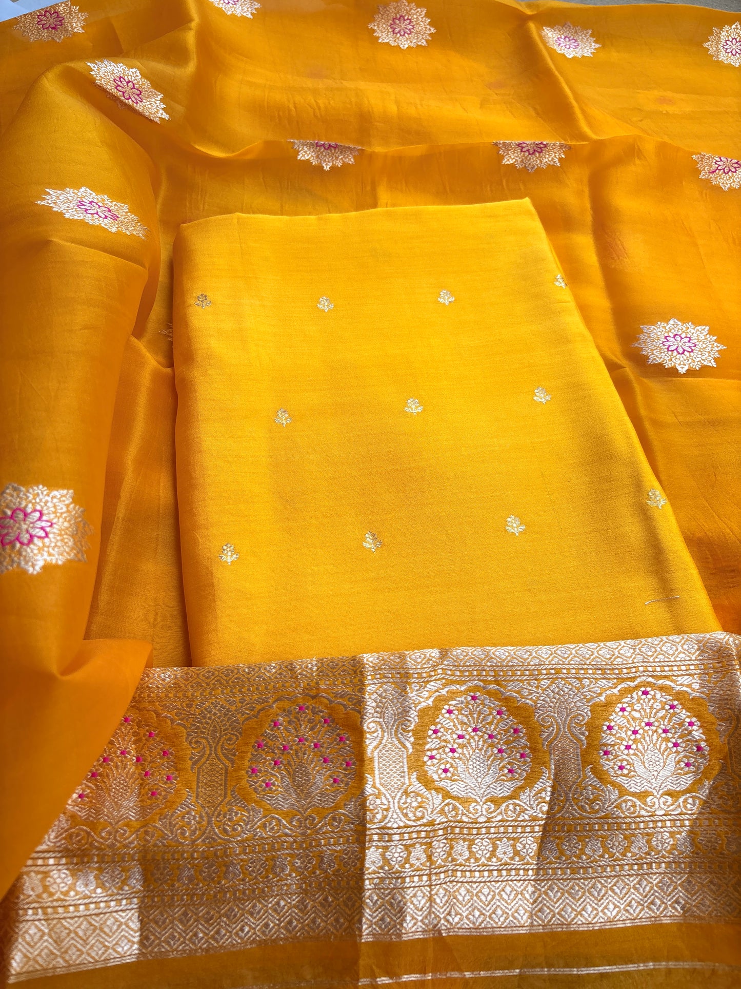 Yellow Chiniya silk kurta , bottom and kora silk dupatta