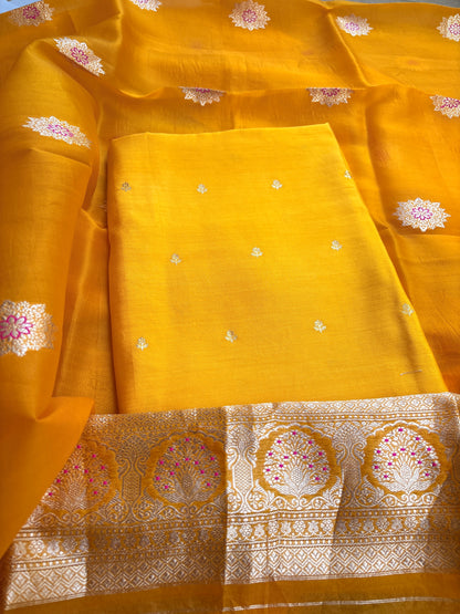 Yellow Chiniya silk kurta , bottom and kora silk dupatta
