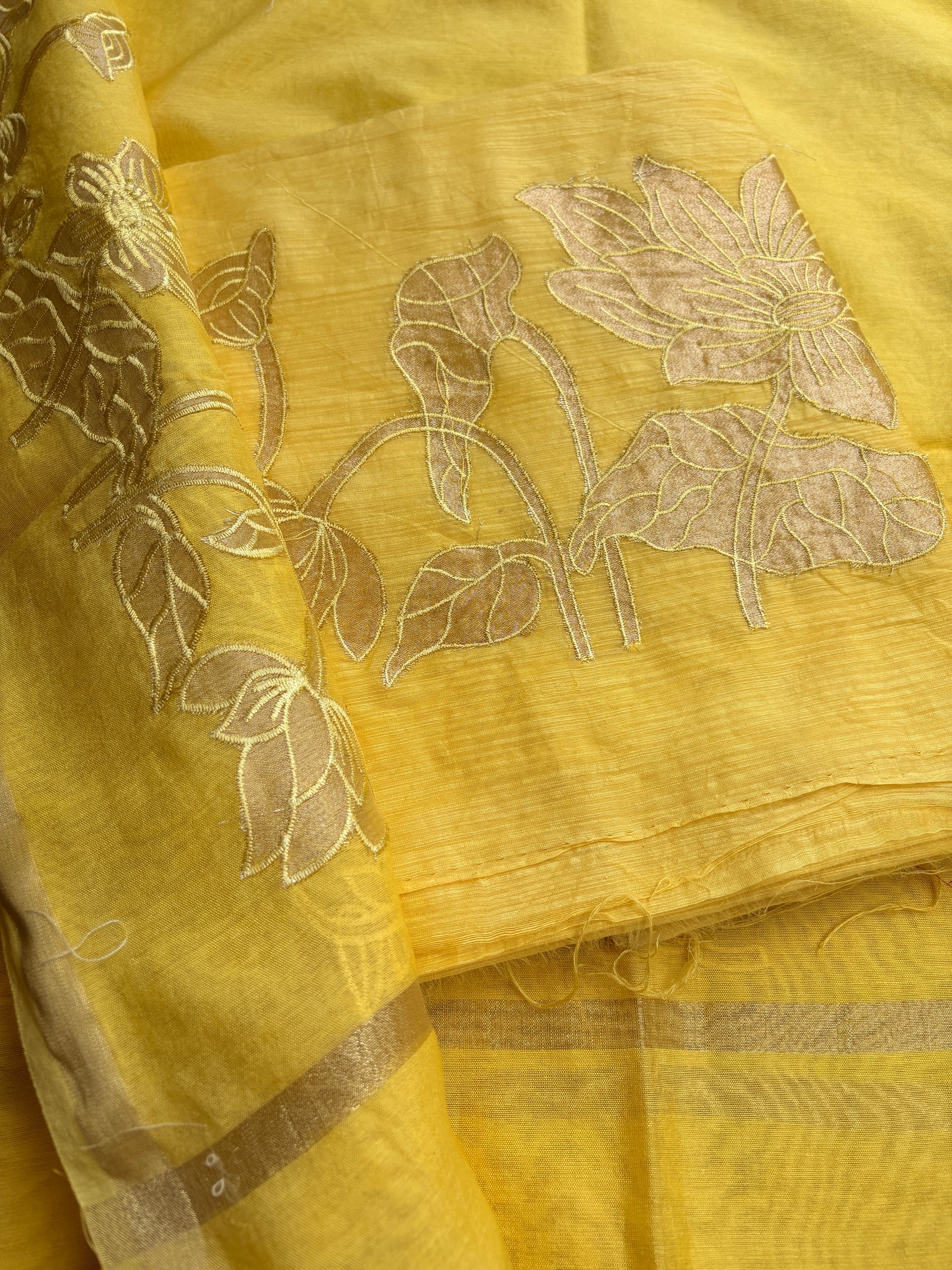 Yellow mul Chanderi appliqué work suit set