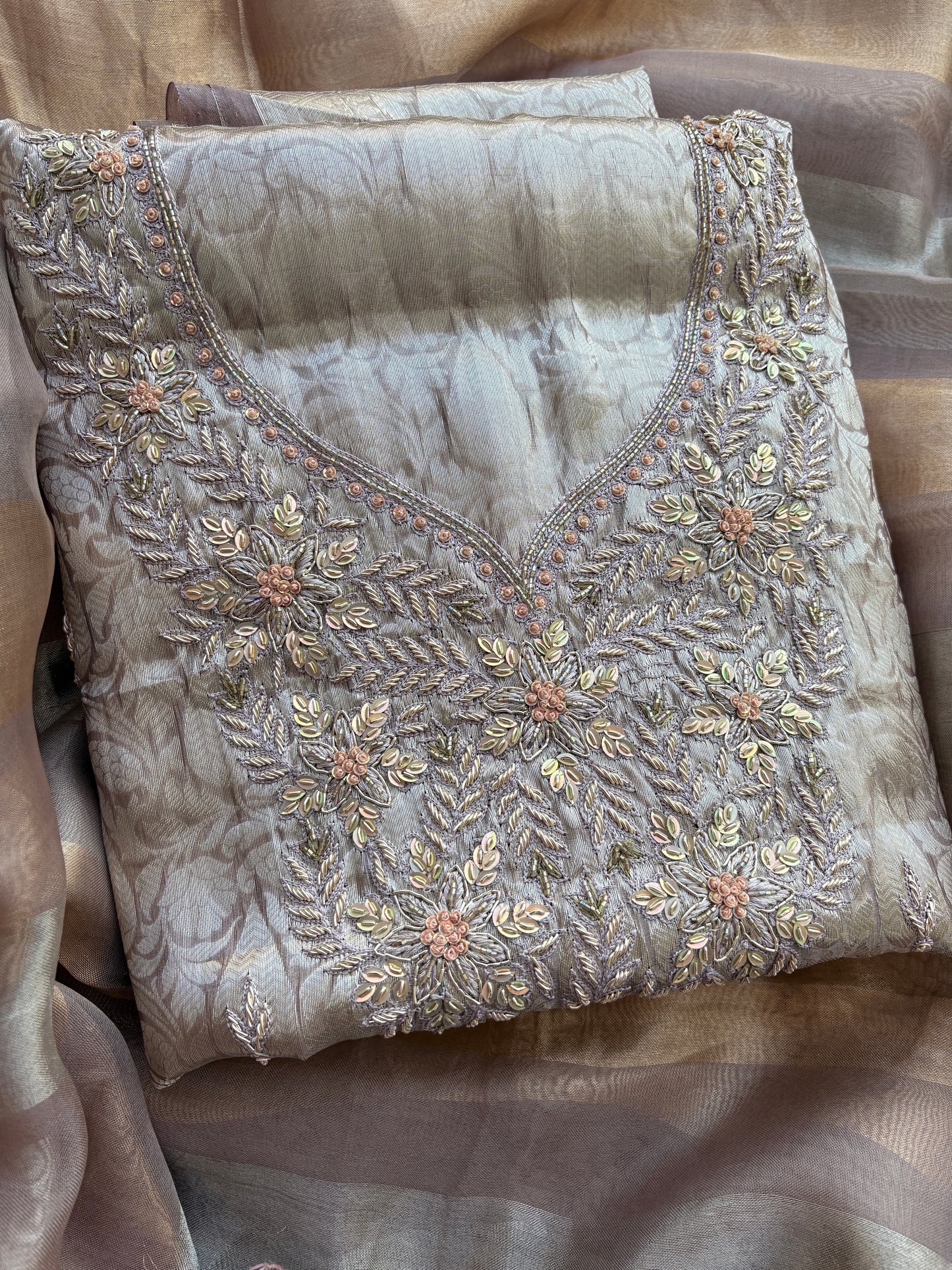 Tissue brocade embroidered suit set