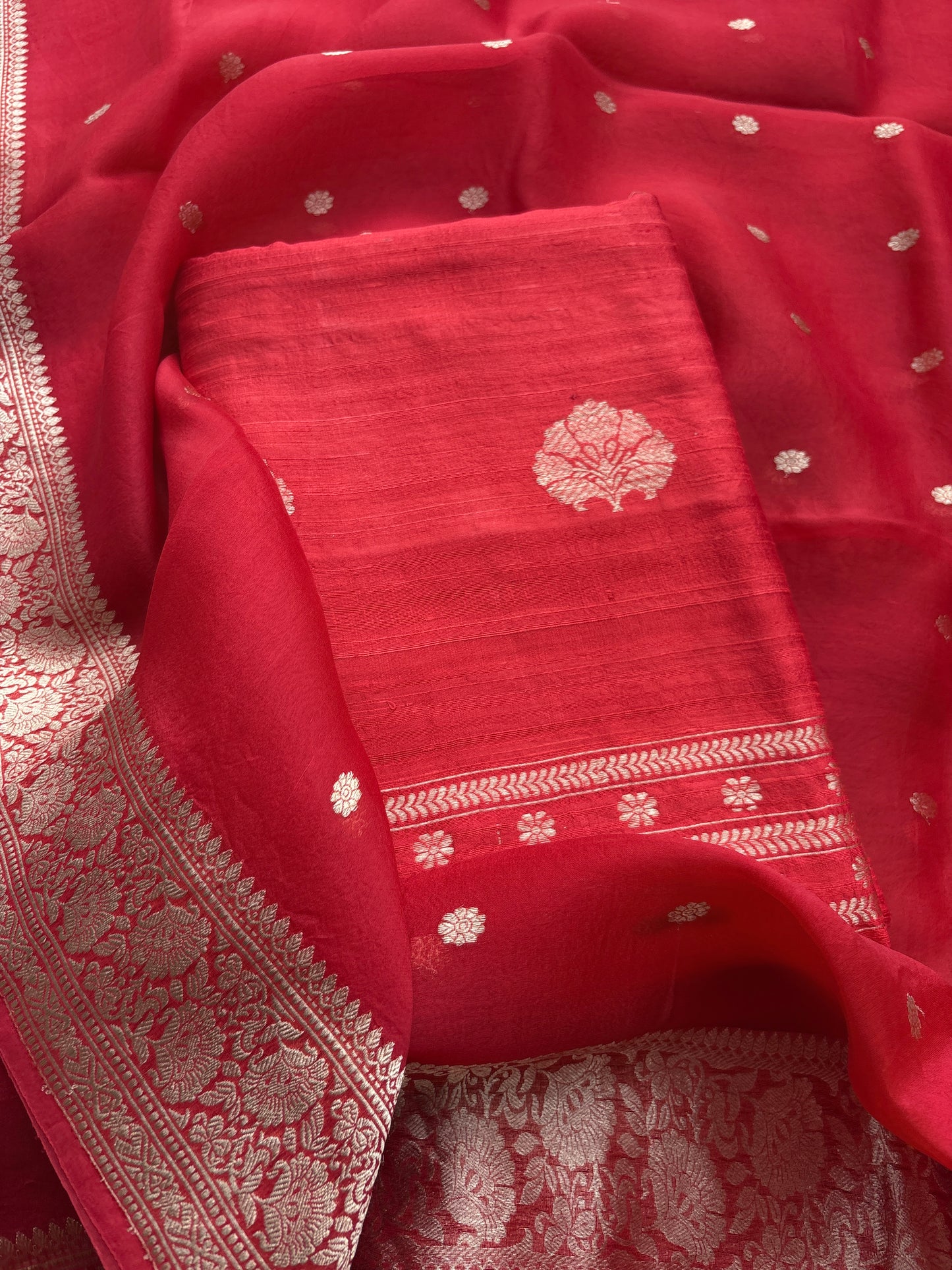 Red raw silk kadhwa suit set