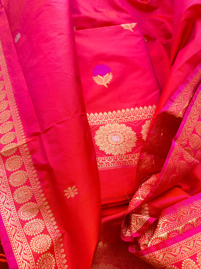 Red pink katan by katan silk kadhwa suit set