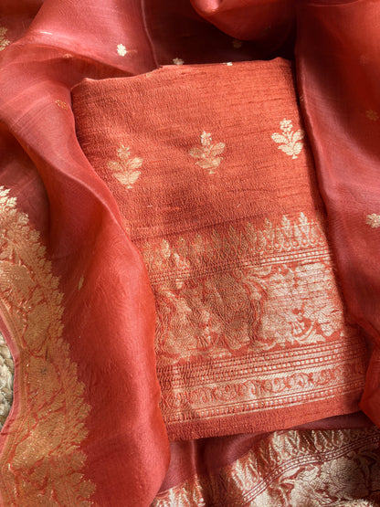 Rust raw silk kurta, bottom and kora kadhwa dupatta