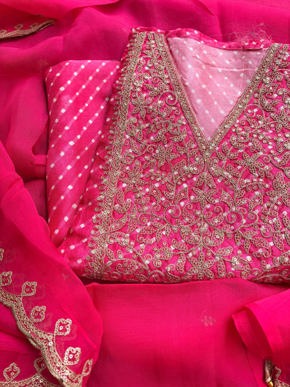 Pink hand embroidered bandhani suit set