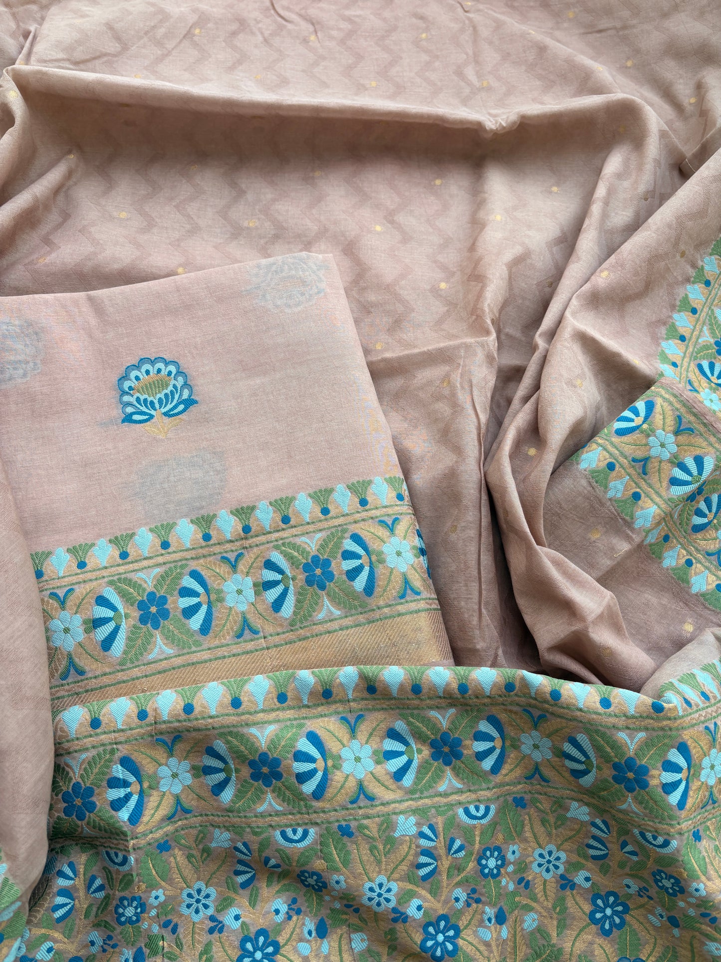 Peach Chanderi jaal weaving suit set