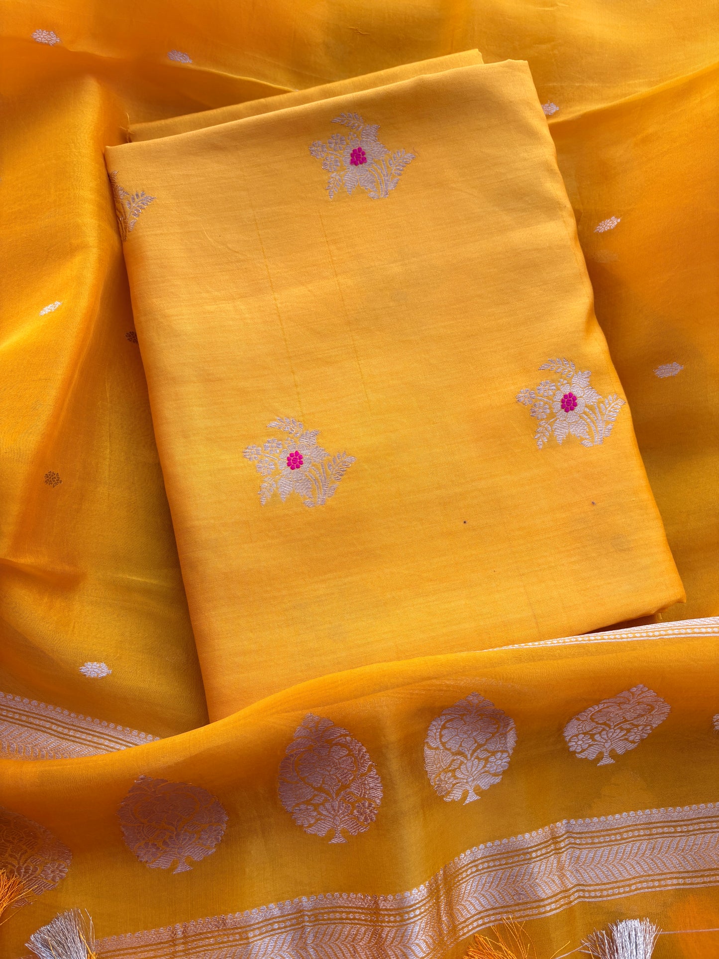 Yellow Chiniya silk meenadar kadhwa suit set