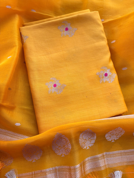Yellow Chiniya silk meenadar kadhwa suit set