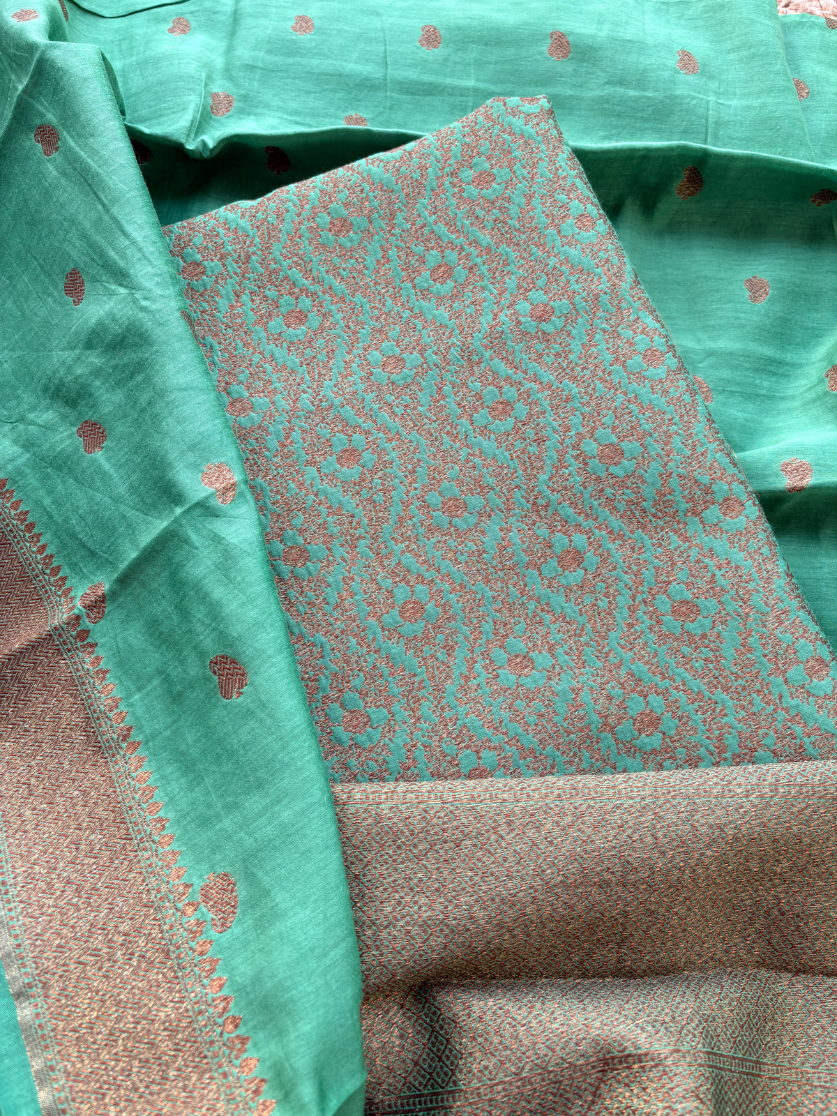 Green cotton silk brocade suit set