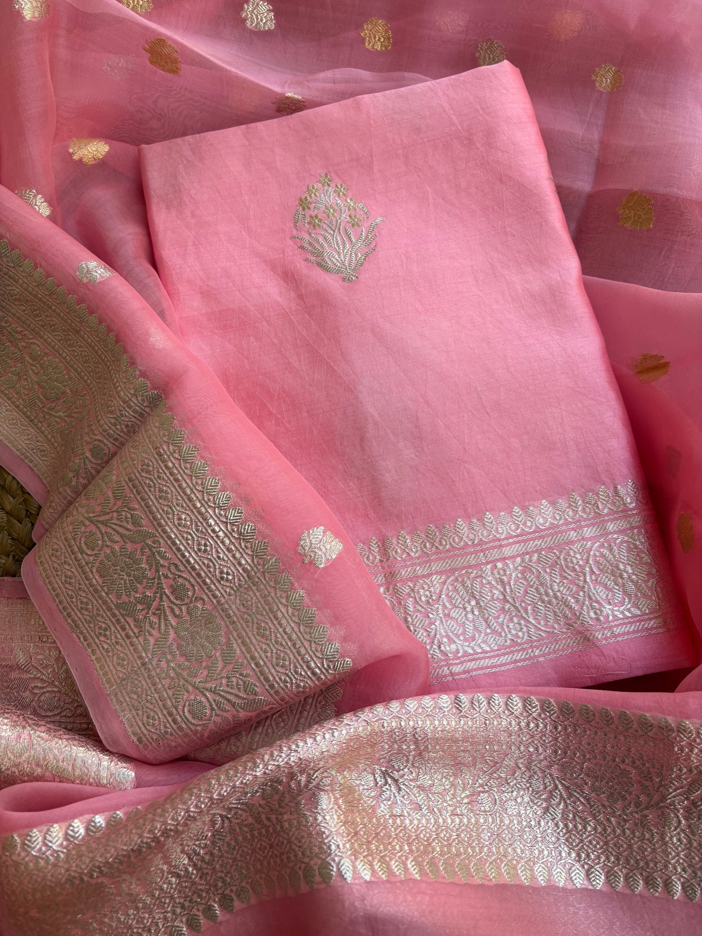 Pink pure silver zari chiniya kurta, kora dupatta, plain silk bottom.