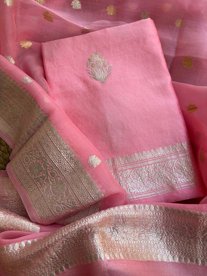 Pink pure silver zari chiniya kurta, kora dupatta, plain silk bottom.