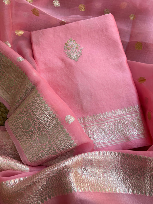 Pink pure silver zari chiniya kurta, kora dupatta, plain silk bottom.