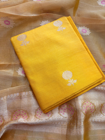 Yellow Chiniya silk kadhwa suit with tissue dupatta