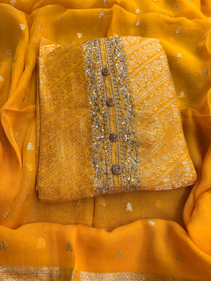 Yellow silk hand embroidered suit set.