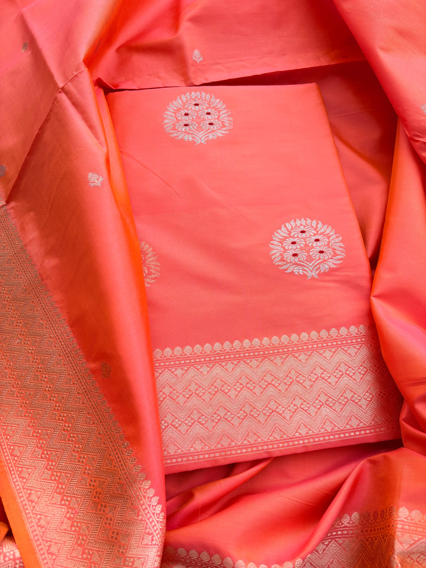 Peach katan by katan silk kadhwa suit set