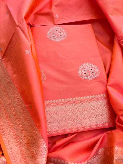 Peach katan by katan silk kadhwa suit set