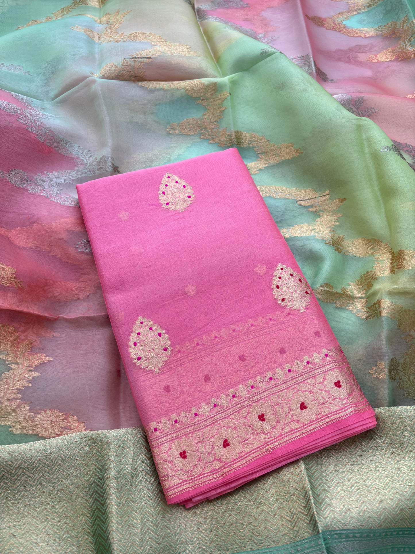 Pink kora silk with rangkata dupatta