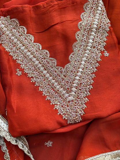 Rust crepe hand embroidery suit set