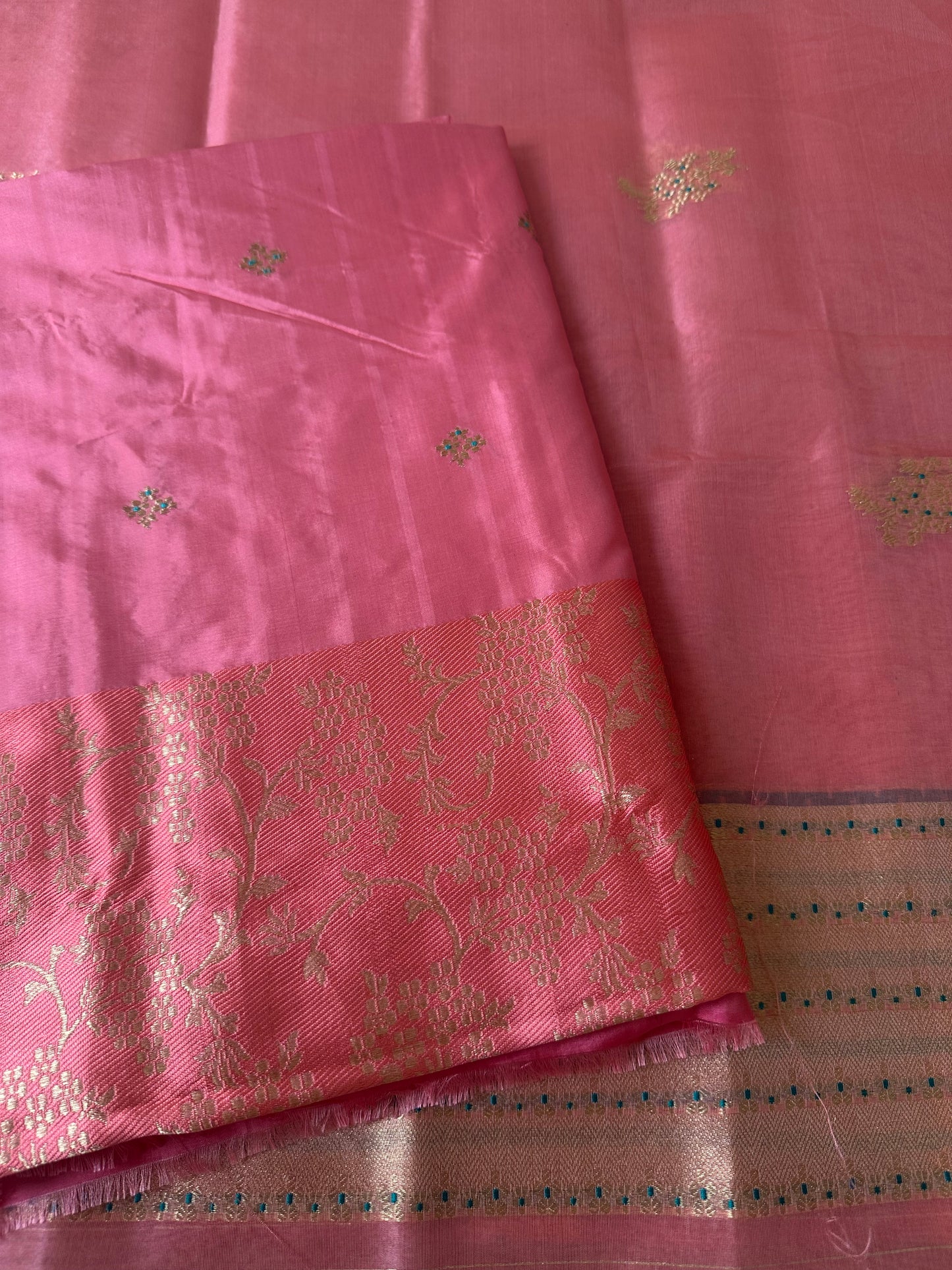 Pink katan silk embroidered kurta, plain katan bottom and kora silk dupatta .