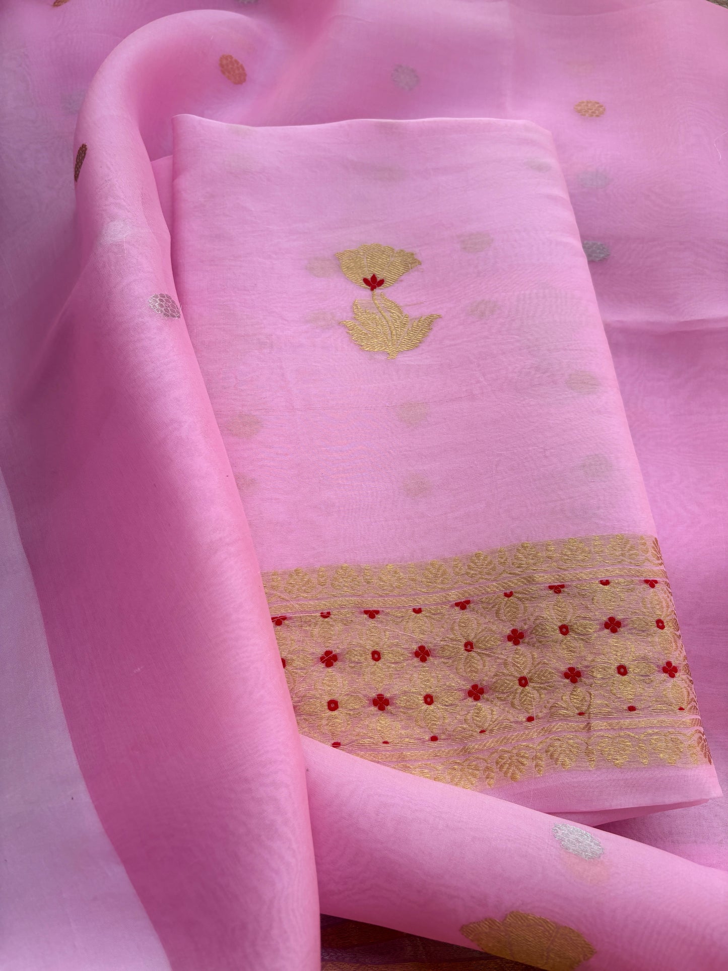 Pink kora kadhwa rose design suit set