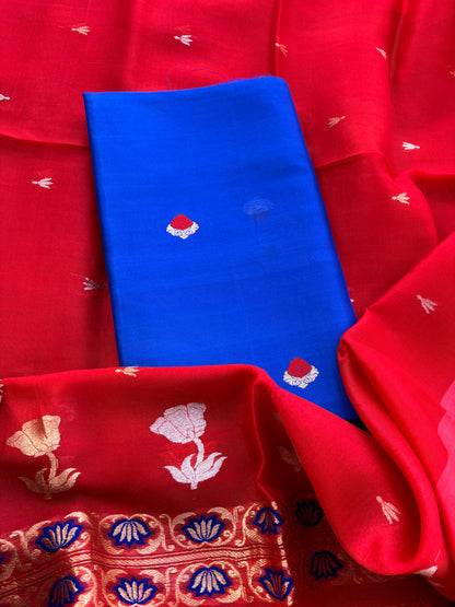 Blue kora suit with red kora silk dupatta