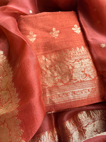Rust raw silk kurta, bottom and kora kadhwa dupatta