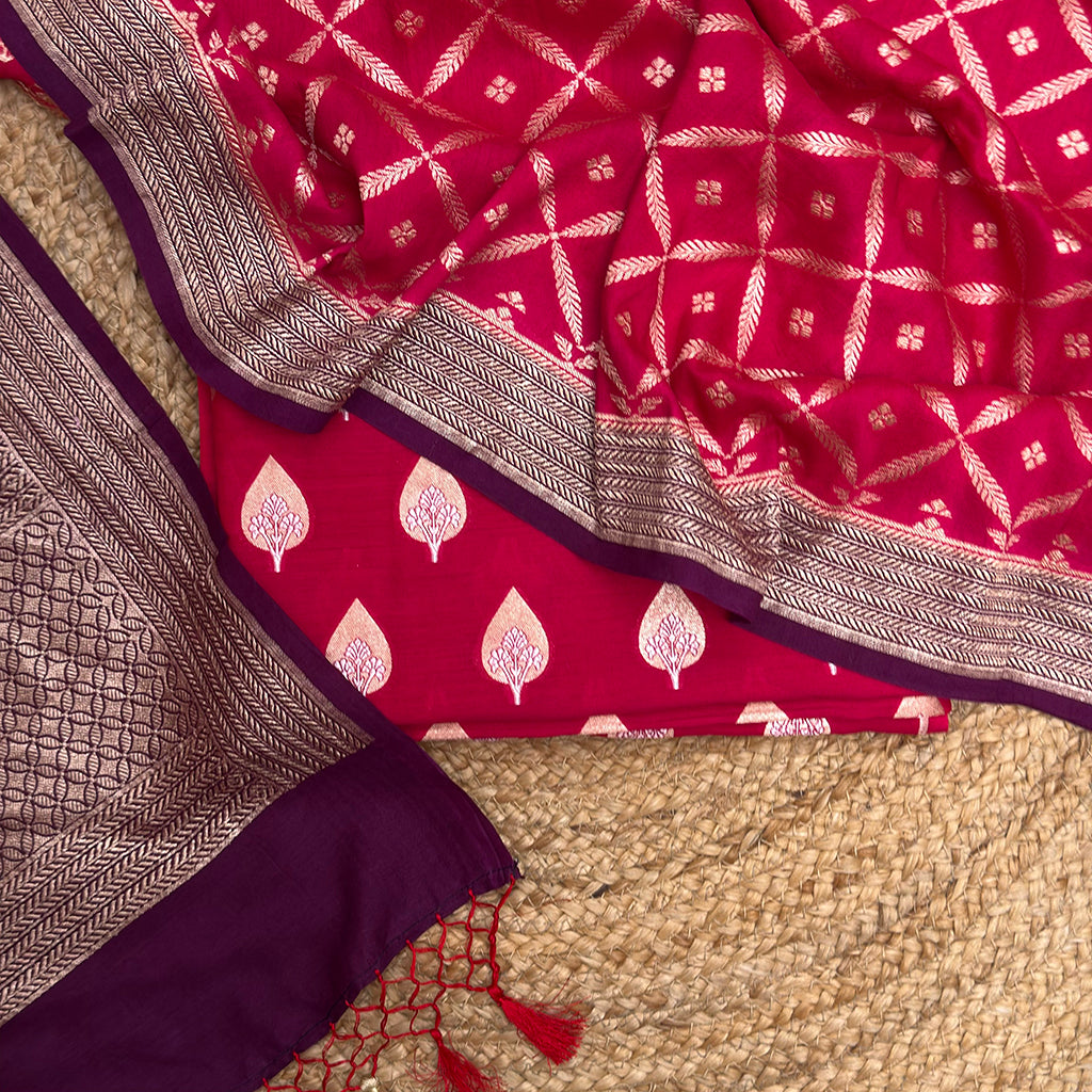 Pink red moonga silk suit set