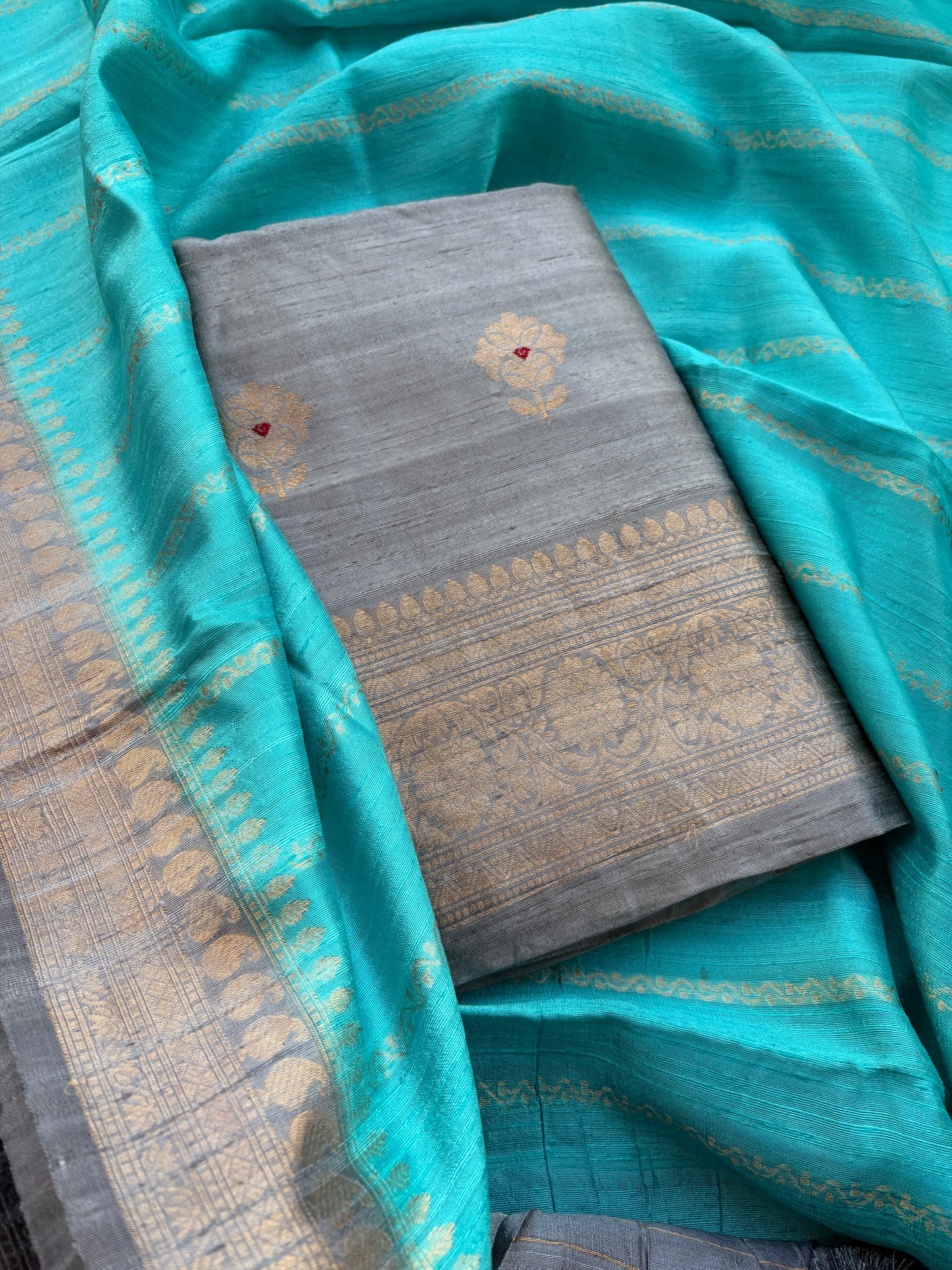 Grey blue tussar kadhwa suit set