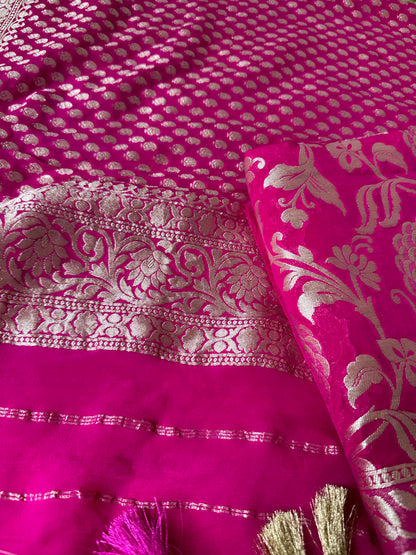 Hot pink khaddi georgette 2 pieces set, heavy zari work.