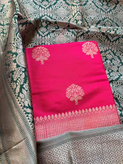 Pink katan silk kurta, bottom and green heavy dupatta