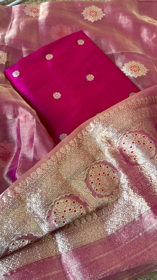 Pink katan silk kurta, tissue meendar dupatta, plain silk bottom.