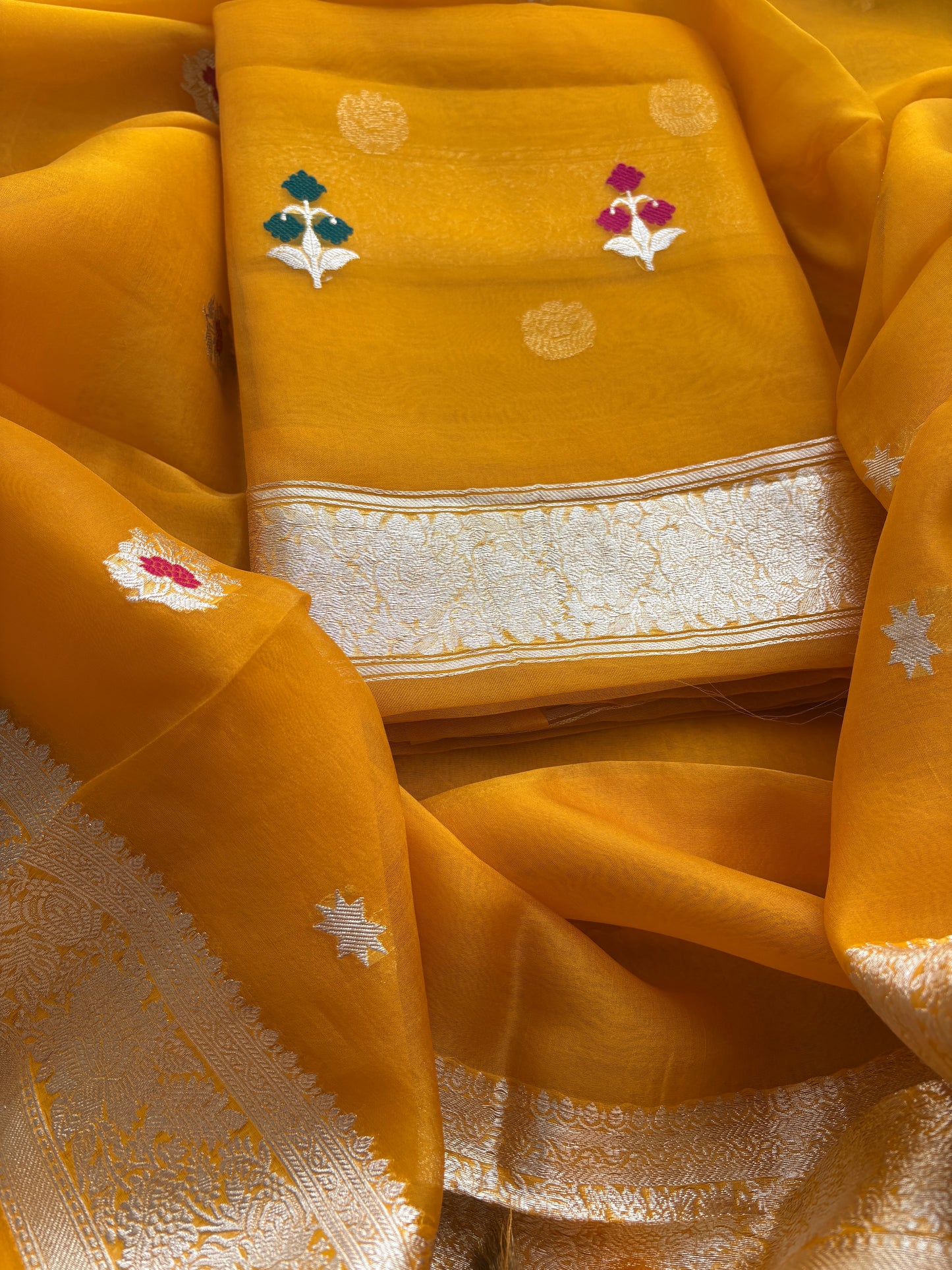 Yellow Kora silk meenadar silver zari suit set