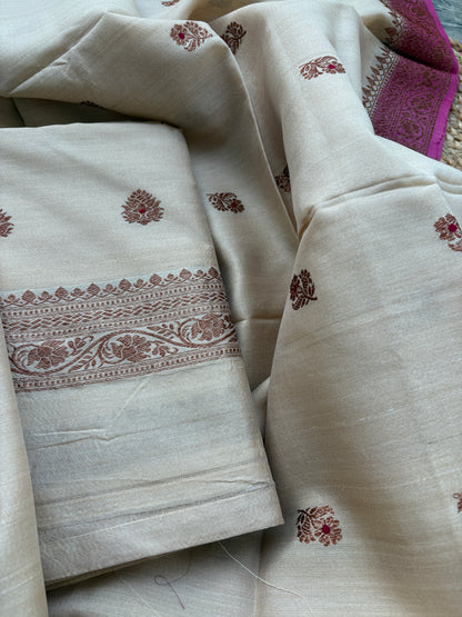 Cream tussar silk suit with pink shaded dupatta