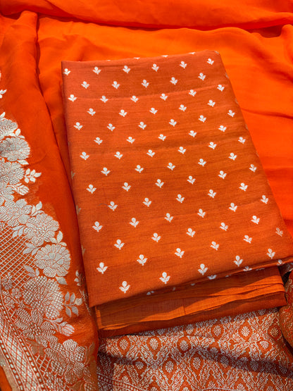 Orange moonga silk kurta , bottom and Khaddi georgette kadhwa dupatta